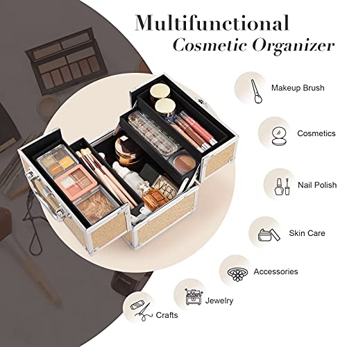 Frenessa Makeup Case Portable Cosmetic Train Case Makeup Organizer Box 4 Trays Travel Makeup Storage Organizer Jewelry Case With Lockable For Girls Makeup Tools, Nail Kits, Crafts Travel Makeup Box Rose Gold #TOP1