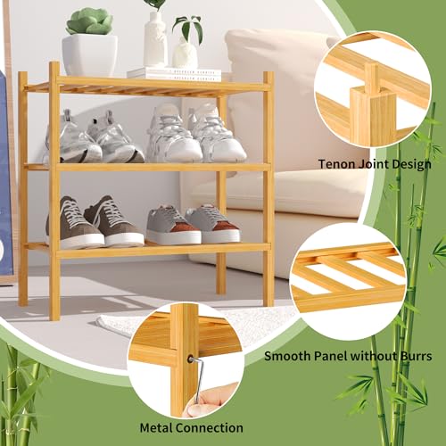 image for ROMGUAR CRAFT 3-Tier Bamboo Small Shoe Rack, Free Standing Wood Shoe S