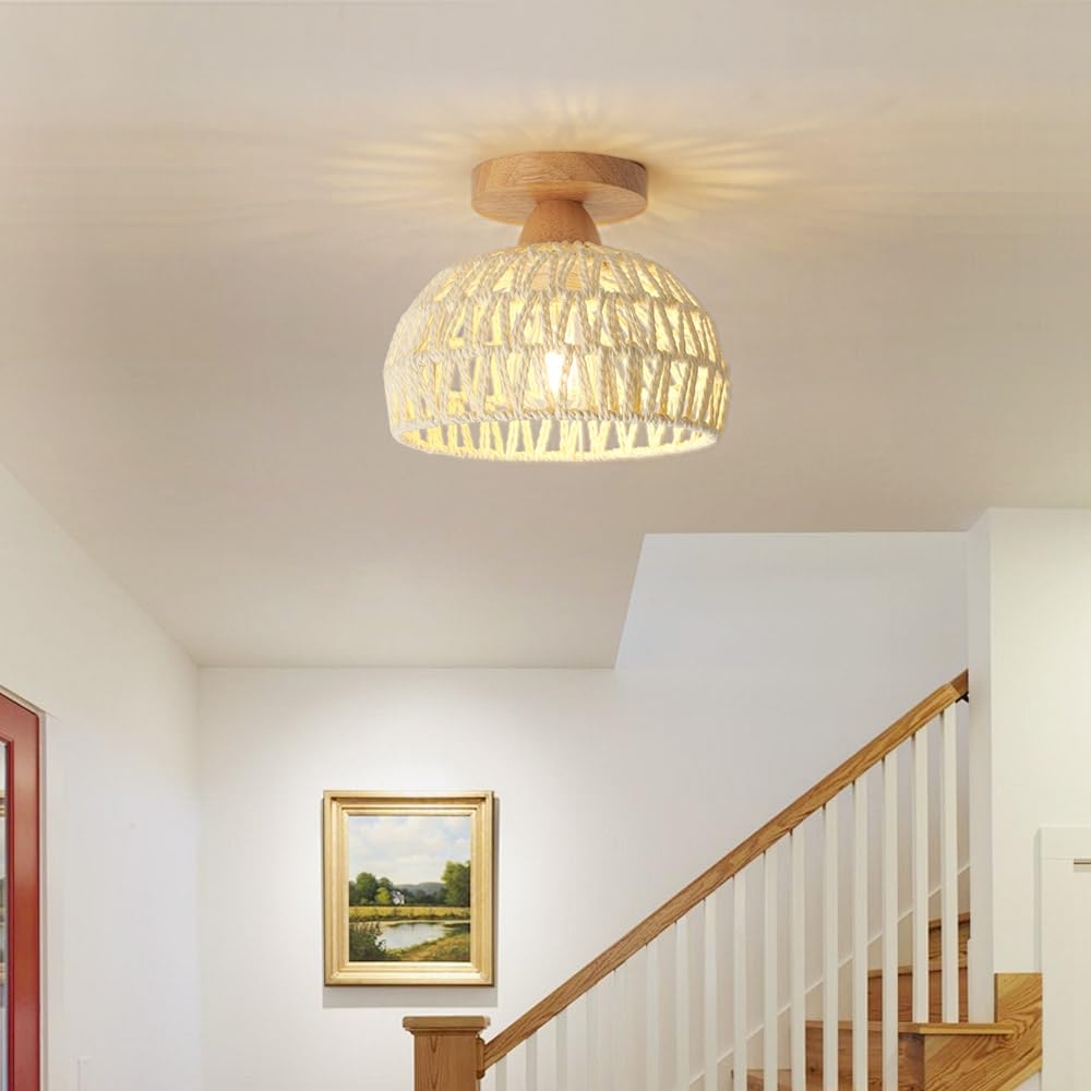ELINKUME Plafondlamp woonkamer rotan,E27 Boho plafondlamp slaapkamer met lampenkap rotan, Home Decor plafondlampen,slaapkamerlamp plafond,plafondlamp gang,modern handgebreid