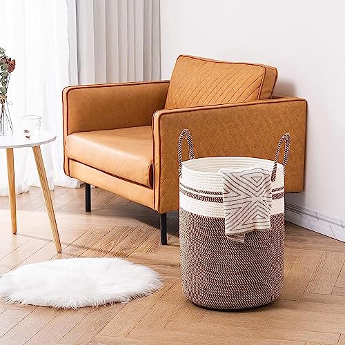 Image of Woven Rope Laundry Hamper Basket, Baby Nursery Hamper For Blanket Storage, Clothes Hamper For Laundry In Bedroom,Hall ( Tall (72L) (16 inchX16 inchX22 inch),(Camel Mix))