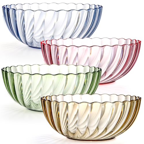 Fasmov 4 Pack Plastic Serving Bowls Plastic Salad Mixing Bowls 74oz Break Resistant Plastic Bowls for Salad Fruit Popcorn Chip and Dip Multicolor