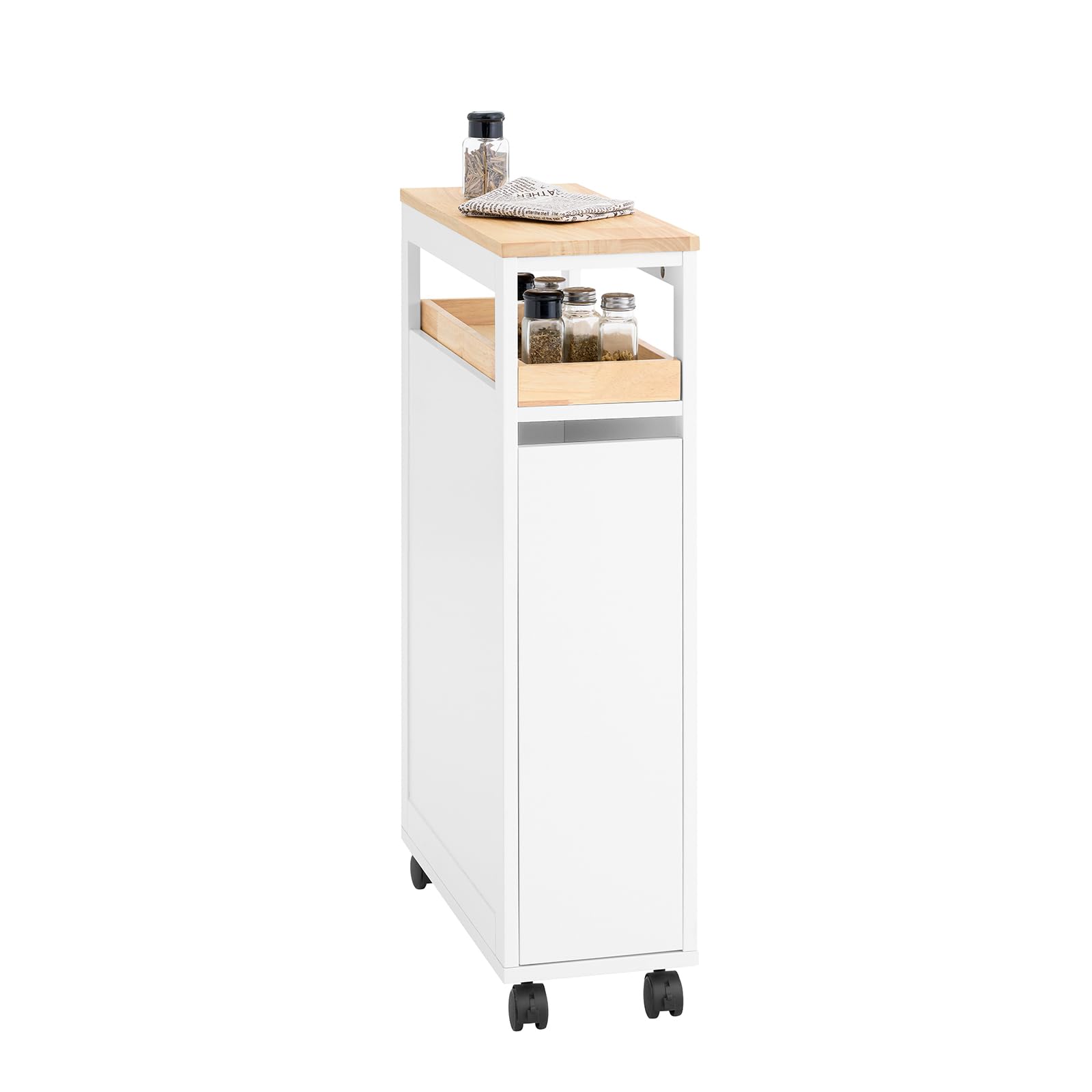 SoBuy Carrello Cucina Salvaspazio Stretto – Mobiletto da Nicchia 20 cm con Ruote, Carrellino Cucina Multifunzione e Mobiletto Salvaspazio Cucina per Cucina e Bagno Bianco & Naturale 20x51x79cmNSR11-WN