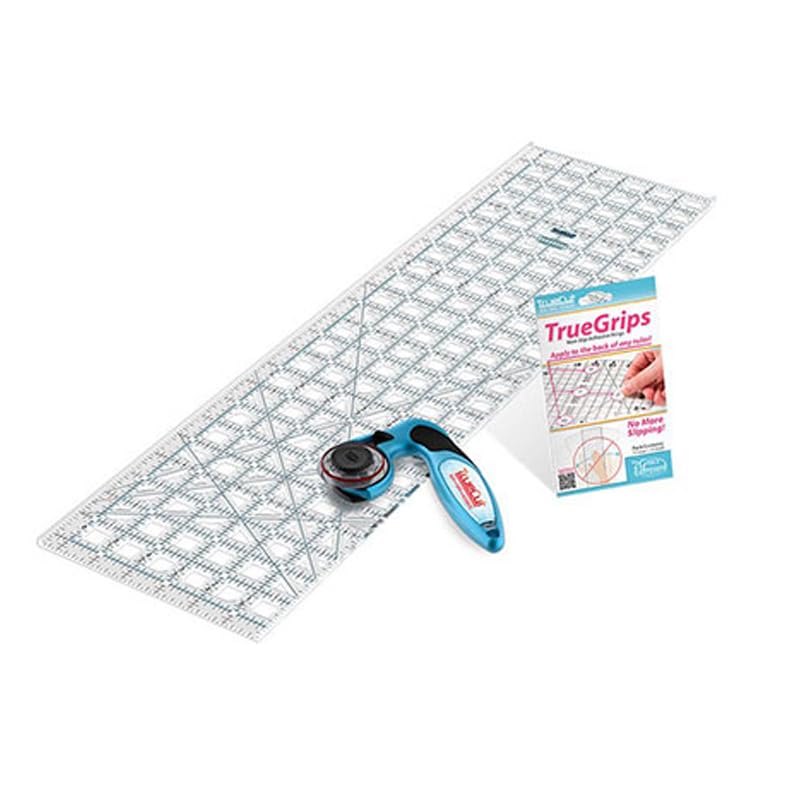 TrueCut Quilters Combo Set | 45mm Rotary Cutter 6.5x24.5 Quilting Ruler with Track & Guide | Includes TrueGrips | Precision Quilting & Fabric Cutting Tools