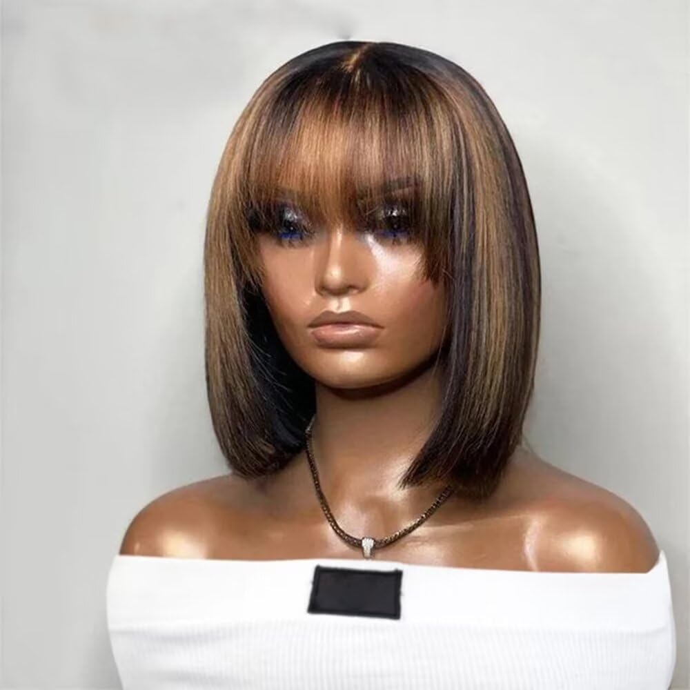 Highlight Color Short Bob Wig with Bangs Human Hair Wig 1b/27 Honey Blonde Straight Bob Brazilian Remy Hair 13x4 HD Transparent Lace Front Wig Pre Plucked 150% Density Bleached Knots 8inch