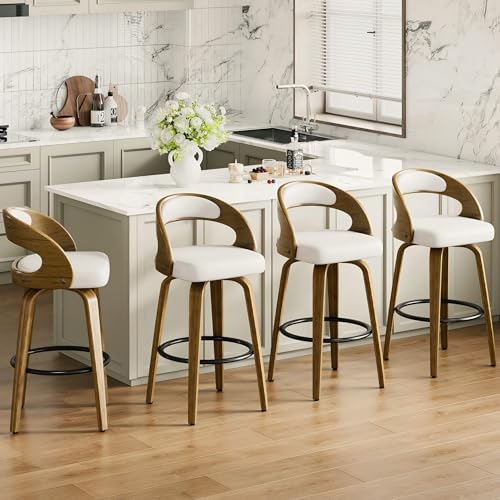 CABZOON 26' Bar Stools Set of 4 Swivel Counter Height Stools Bar Chairs Faux Leather Bar Stool with Backrest & Solid Wood Legs & Wrap-Around Footrest, Counter Stools for Kitchen Island White