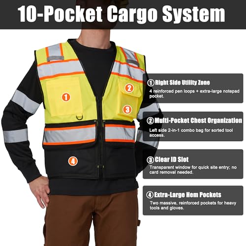 Image of A-SAFETY High Vis Reflective Safety Vest for Men Women Zipper Ipad Pockets Mesh Construction Apparel Neon Vest for Work