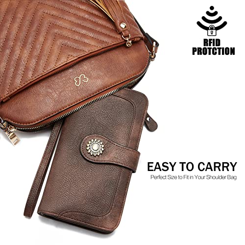Bromen Leather Wallets For Women Rfid Blocking Large Capacity Credit Card Holder Clutch Purse Wristlet Coffee #TOP5