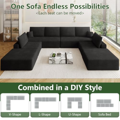 Image of Oversized Modular Sectional Sofa Couch, Large 8 Seater Corner Sofa Modern U Shaped Sectional Couch with Ottoman Cloud Couches for Living Room, Office, Spacious Space, Corduroy, No Assembly, Black
