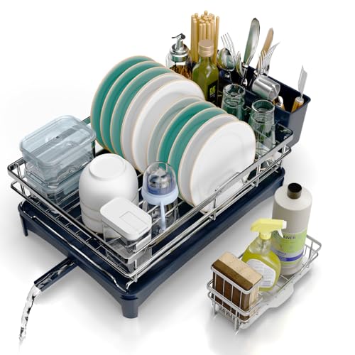 Azevix Dish Drying Rack, 304 Stainless Steel Dish Racks for Kitchen Counter with Cutlery Holder & Sponge Holder, Large Dish Drainer with Removable Drainboard, 11.8''W x 16.7''L (Stainless Steel)