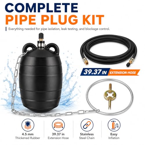 Image of 3 Inch Inflatable Pipe Test Plug, Sewer Test Ball with 39.4 Inch Hose | 4.5mm Natural Rubber, 2.9 x 5.1 Inch Body, Max 5 PSI, Copper Valve, Steel Chain & Retention Ring