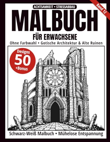 Malbuch für Erwachsene – Schwarz-Weiß Malbuch: 50 gotische Architektur- und Ruinen-Motive zum Ausmalen – ohne Farbwahl, einseitig bedruckt, ... (Ein-Farben-Kunst-Serie, Band 12)