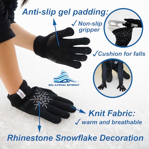 SkatingSpirit Gel Padded Anti-Slip Skating Gripper Gloves with Rhinestone Snowflakes (1 Pair), Stretchy Warm Kids Adults Sparkles (Black, Medium) - Thumbnail 3