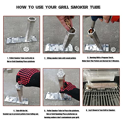 Fmoon Upgraded Pellet Smoker Tube With Cold/Hot Smoking Place Platforms ,12" Wood Pellet Tube Smoker With Heat Resistant Glove And 2 Hooks And 1 Brush And 1 Smoke Tube Cover #TOP5