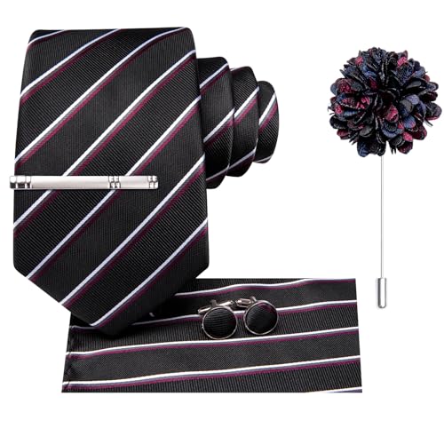 Image of Hi-Tie Formal Striped Black Red White Neckties for Men Classic Woven Tie and Pocket Square Lapel Pin Silver Tie Clip Cufflinks Set Wedding Business 6PCS