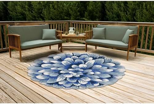 Liora Manne Frontporch Indoor Outdoor Rug - Novelty Design, Hand Hooked, Weather Resistant, UV Stabilized, Foyers, Porches, Patios & Decks, Mum Blue, 3' Round