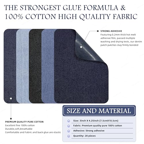 Image of Iron-on Repair Patch 20 Pcs Pack,Denim Patches for Jeans Kit 3 inch by 4-1 /4 inch, 100% Cotton Denim Iron-on Repair Patch,Jeans and Clothing Repair and Decoration Kit (Five Color)