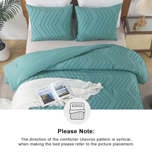 Image of Andency Grayish Teal Comforter Set Full Size, Boho Soft Warm Bedding Comforter Sets for Full Bed, 3 Pieces Vintage Chevron Tufted Aesthetic Comforter Set