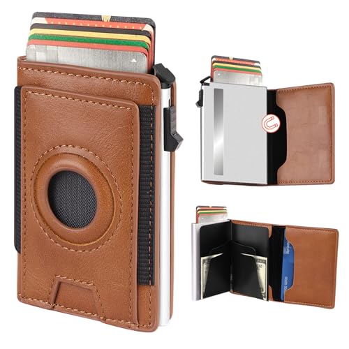 Airtag Wallet for Men, Mens Wallet Minimalist Slim Air Tag Wallet, RFID Blocking Smart Pop Up Wallet with Money Clip, Metal Card Holder Wallet with Magnet Closure, Brown2