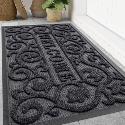 Image of Smiry Welcome Door Mat Outside Entrance, Heavy Duty Trap Dirt and Moisture Easy Clean Low Profile Patio Porch Indoor Outdoor Front Doormat for Entry, 47x32 Inch, Grey
