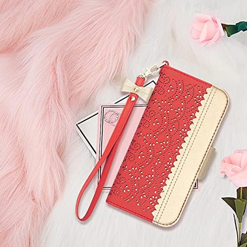 Wallet Case for iPhone 13 Pro Max (6.7") 2021 5G,Premium Leather iPhone 13 Pro Max Wallet Case with [Romantic Carved Flower] [Card Holders] [Kickstand] and [Makeup Mirror] for iPhone 13 Pro Max,Red