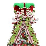 Picture of Christmas Tree Topper Hat with Bow, Large Christmas Tree Topper with Elf Legs and Red & Green Polka Dot Bow, Tree Toppers Christmas Decorations for Winter Holidays