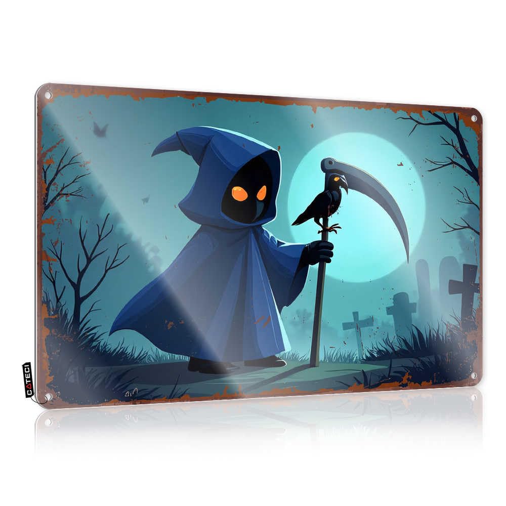 Fzfn Colour Vintage Wall Art Unique Fun Accessory Deathly Silence: Grim Reaper With Raven In Moonlit Graveyard - Vintage Wall Decor For Garage(30X40cm)