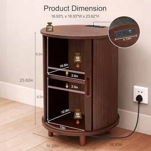 Image of DHH End Table Set of 2 with Storage & Charging Station, Fluted Accent Side Table with Sliding Door & Adjustable Shelf, Mid-Century Nightstand for Small Spaces, Living Room, Bedroom(2, Walnut)