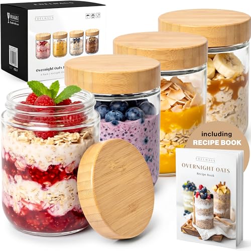 Image of EDELHAUS Overnight Oats Containers with Lids - Glass Mason Jars, Meal Prep | Bamboo Wood, Airtight Silicone Seal Set of 4 - Stackable for Chia Pudding, Yogurt, Cereal, Oatmeal, Salad, Pantry Storage