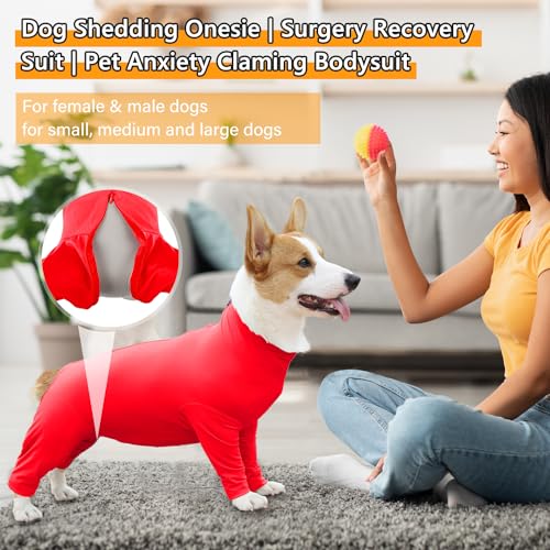 Image of Dog Onesie Surgical Recovery Suit for After Surgery Pet Anti Shedding Bodysuit Long Sleeve Anxiety Shirt for Female Male Dog Orange Red /M