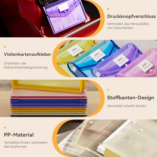 ABC life Dokumententasche A4, Dokumentenmappe A4 Kunststoff Sammelmappen Umschlag Mappe mit Druckknopf Wasserdicht Sichttasche Dokumenten mit Etiketten für Büro, Schule, Zuhause, 6 Stück