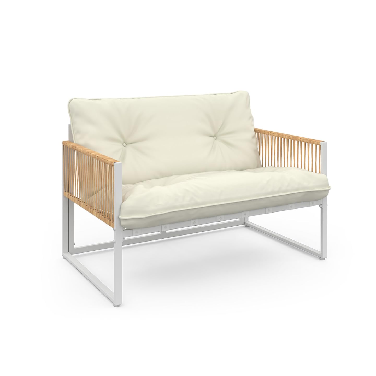IDMarket – Muebles de Jardín Rio de Nivel Bajo 4 Plazas, Estructura de Metal Blanco, Cuerda de Efecto Ratán Claro y Cojines Beiges