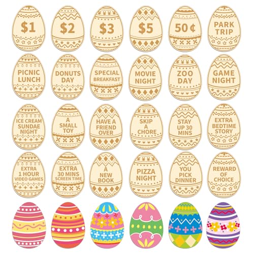 Jansun 24PCS Easter Egg Tokens, Easter Egg Fillers Wooden Easter Reward Tokens Tokens Coins with 24 Different Engraved Sayings for Unique Family Easter Egg Hunt Activities