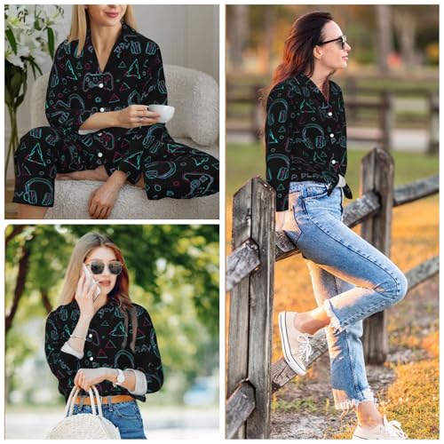 Image of Women'S Long Sleeve Pajama Set Soft Loungewear Button-Down Top & Elastic Waist Pants S- 2XL