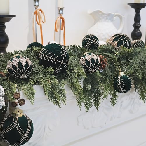 Image of 3.15IN Velvet Ornaments for Christmas Tree, 12pcs Flocked Ornaments Balls | deep green velvet christmas ornaments set,hanging neutral felt flocked balls bulk plastic shatterproof for tree decorations