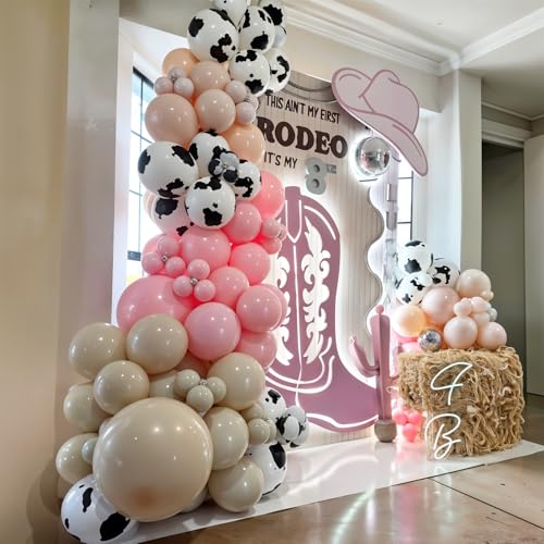 Image of HILAVO Cowgirl Balloon 12 Inch Pastel Light Baby Pink White Nude Retro Western Balloons Cow Print Party Balloon for Boho Rodeo Baby Shower Birthday Farm Theme Cowgirl Western Party Decorations