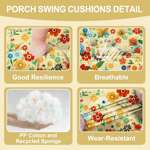 Image of Porch Swing Cushions Outdoor 48 inch Waterproof Extra Thick 5 inch Swing Cushions Replacement with Backrest and Ties for Outdoor Furniture Porch Patio Garden Lawn (Daisy Pattern)