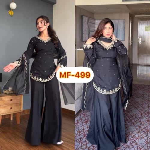 Image of IYALAFAB WOMEN'S Heavy Natural Crep Silk Stitched Ethnic Salwar Kameez - Long Kurti with Embroidered Sleeves, Party & Festival Wear (SF251-ve115 Black1 XXL)