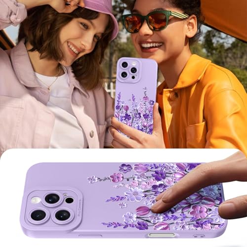 Image of Designed for iPhone 16 Pro Max Case Floral for Women Girls, Purple | Cute Oil Painting Flower Pattern Liquid Silicone Phone Case [Full Camera Protection] Slim Soft TPU Protective Cover