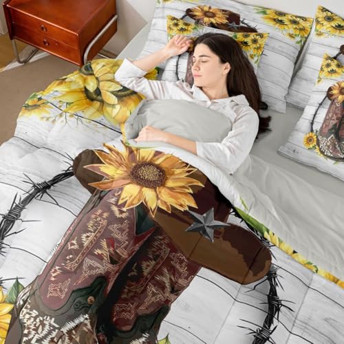Image of Western Comforter Set 7-Piece Bed in a Bag Twin Sunflower Bedding Sets Cowboy Boots for Men,Bohemian Flowers Comforter and Sheet Set,Cowboys Gifts for Women,Cowboy Hats Bed Sets,Rustic Farmhouse Decor