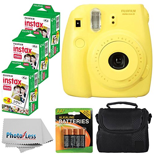 Fujifilm Instax Mini 8 Instant Film Camera (Yellow) with Fujifilm Instax Mini 6 Pack Instant Film (60 Shots) + Compact Bag Case + Batteries Top Kit - International Version (No Warranty)