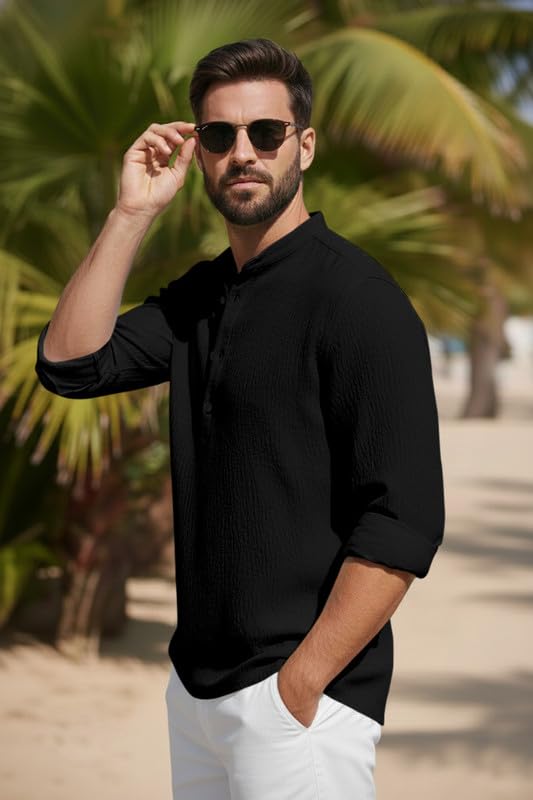 Image of Men's Cotton Blend Short Kurta with Collared Neck Full Sleeves Solid Pattern Western Style Regular Fit and Standard Length