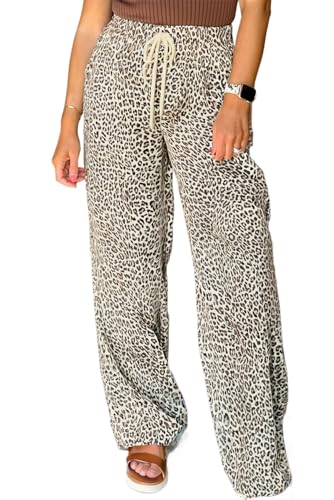 Women's Brown Leopard Drawstring Loose Pants - Casual Wide Leg Trousers for Daily Wear