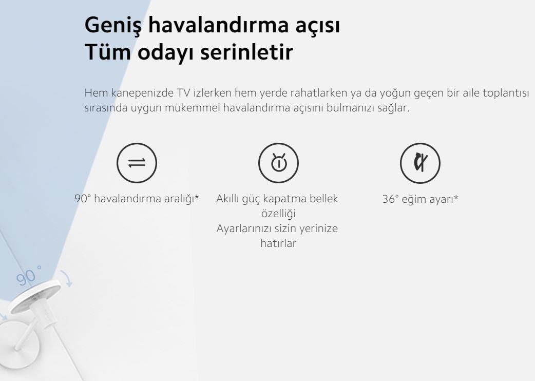 Diagram showing the wide oscillation angle and tilt adjustment features of the Xiaomi Mi Smart Standing Fan 2 Lite, including smart memory function.
