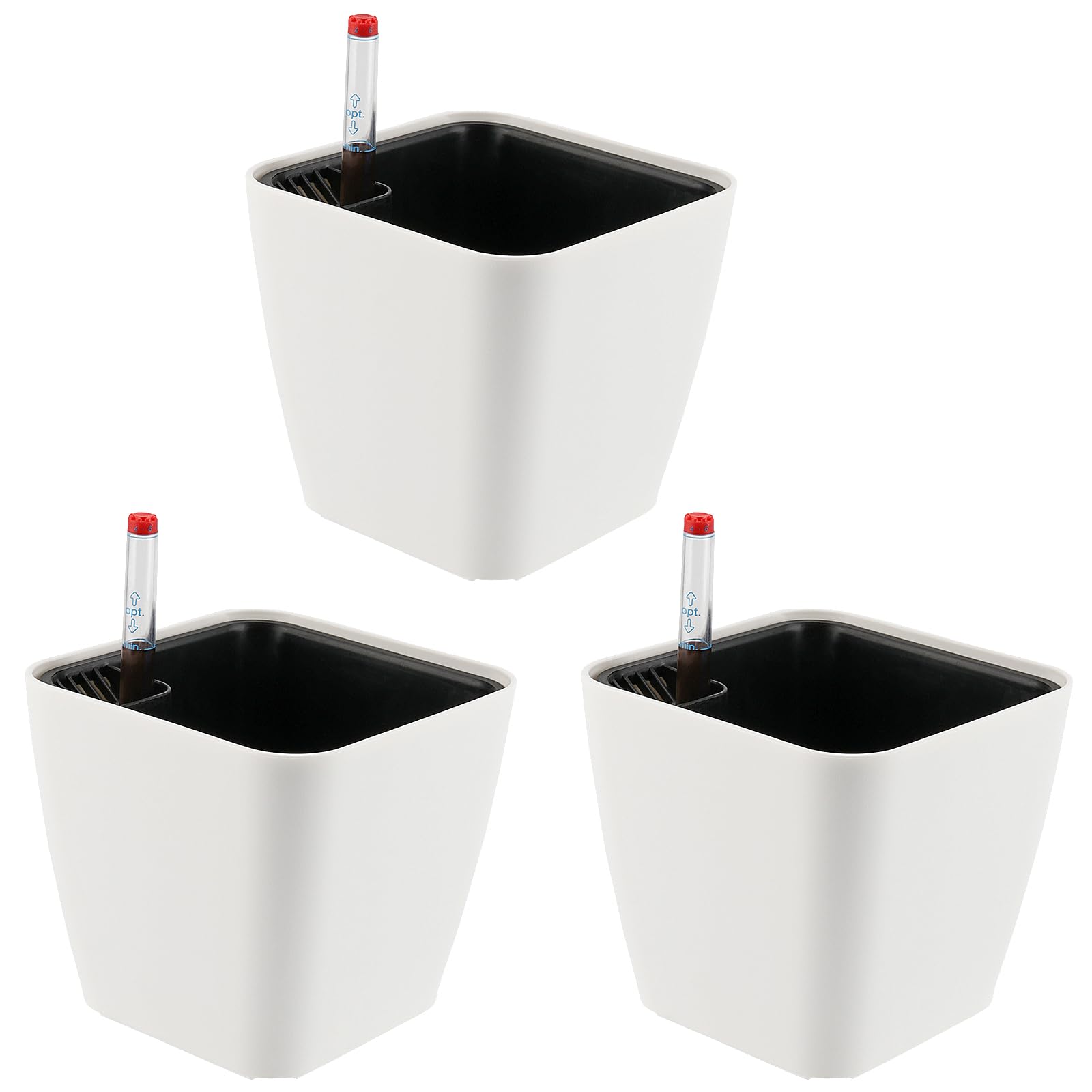 Set Di 3 Vasi Rettangolari Con Auto-irrigazione - Bianco 14 Cm - Per Piante Da Interno/Esterno Con Indicatore Acqua