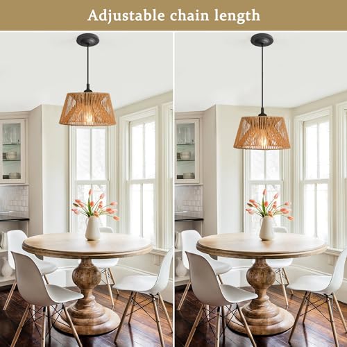 Pathson Boho Rattan Pendant Light, Handmade Woven Farmhouse Chandelier