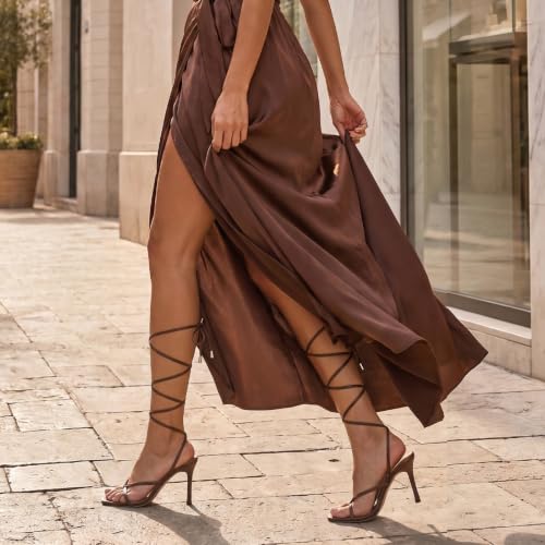 Image of ISNOM Lace Up Heels Sandals for Women - Square Open Toe, Stiletto High Heel