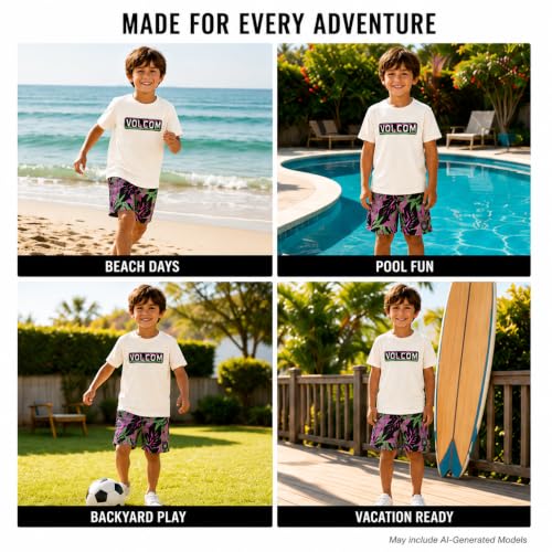 Image of Volcom Baby Boys Swim Set - 2 Piece Short Sleeve Swim Shirt Graphic Tees & Board Shorts - Infant Toddler Little Boys Swimsuit