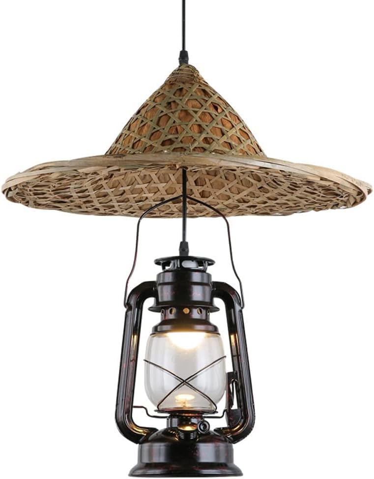 Lampe suspendue chinoise rétro en verre et bambou tressé, lustre rustique