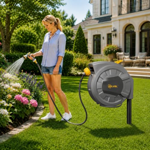 Image of SILVEL Automatic Retractable Garden Hose Reel on Metal Spike, 1 /2 in x 90FT Ground Mounted Outside, UV Resistant with 10 Pattern Nozzle, 360 Swivel, No Holes in Your House, Easy Installation, Yellow