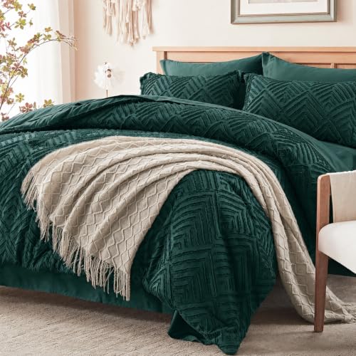 Image of Zzlpp Full Comforter Set 7 Pieces, Dark Green Tufted Bed in a Bag with Comforter and Sheets, All Season Boho Bedding Sets with Comforter, 2 Pillow Shams, 2 Pillowcases, 1 Flat Sheet, 1 Fitted Sheet